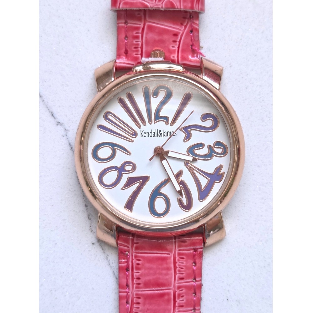 Kendall & James Pink Faux Croc Watch Rose Gold Tone Oversized Face Purple Dial